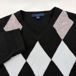 ML MATERIAL LONDON Mens V Neck Argyle Sweater WOOL Black White Grey Size L